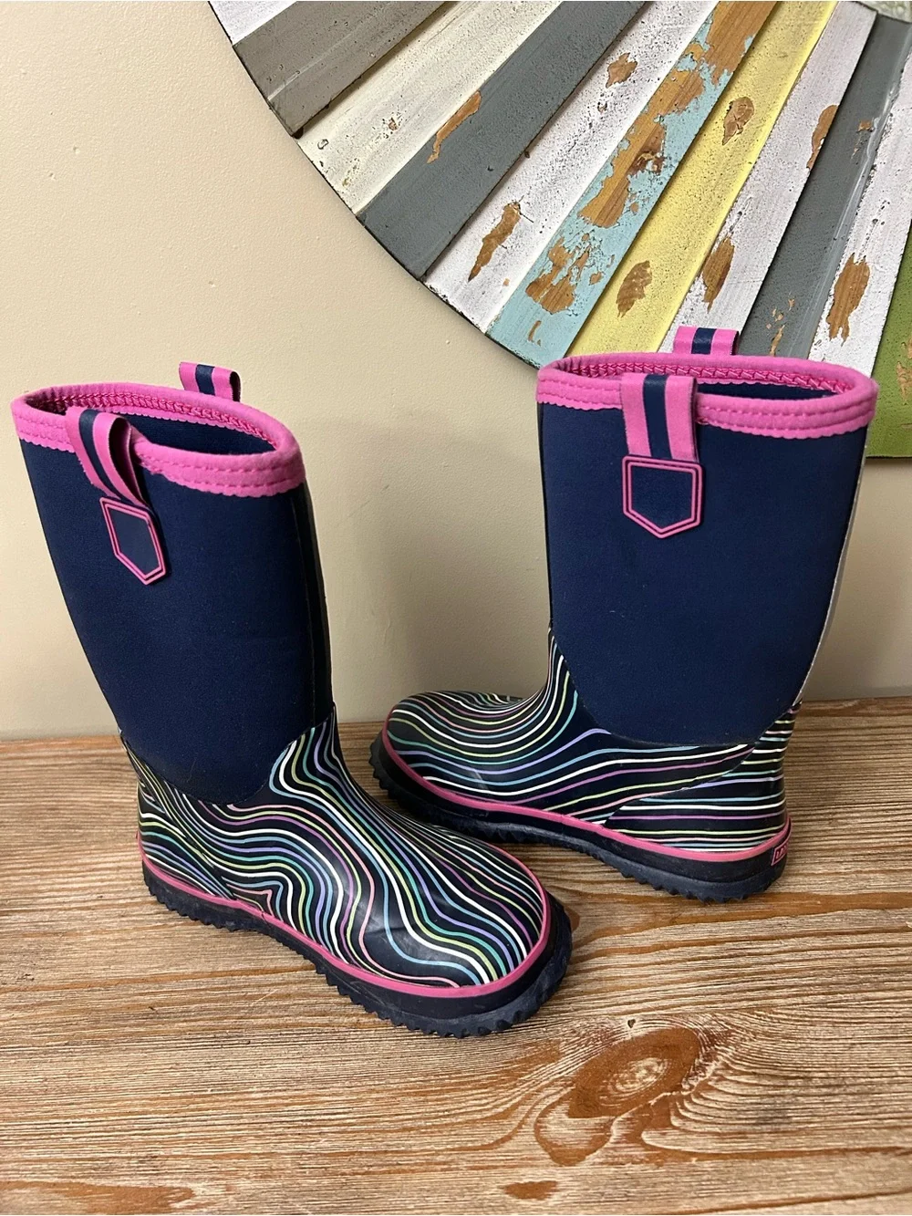 Lands’ End Girls - Kids Rainbow Stripe Waterproof Navy Pink Rain Boots Size 13
